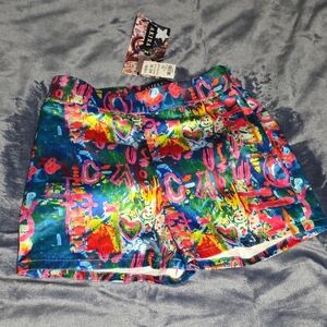 AKIRA Women's Multicolor Abstract Athletic Satin Shorts - Blue, Pink, Green
